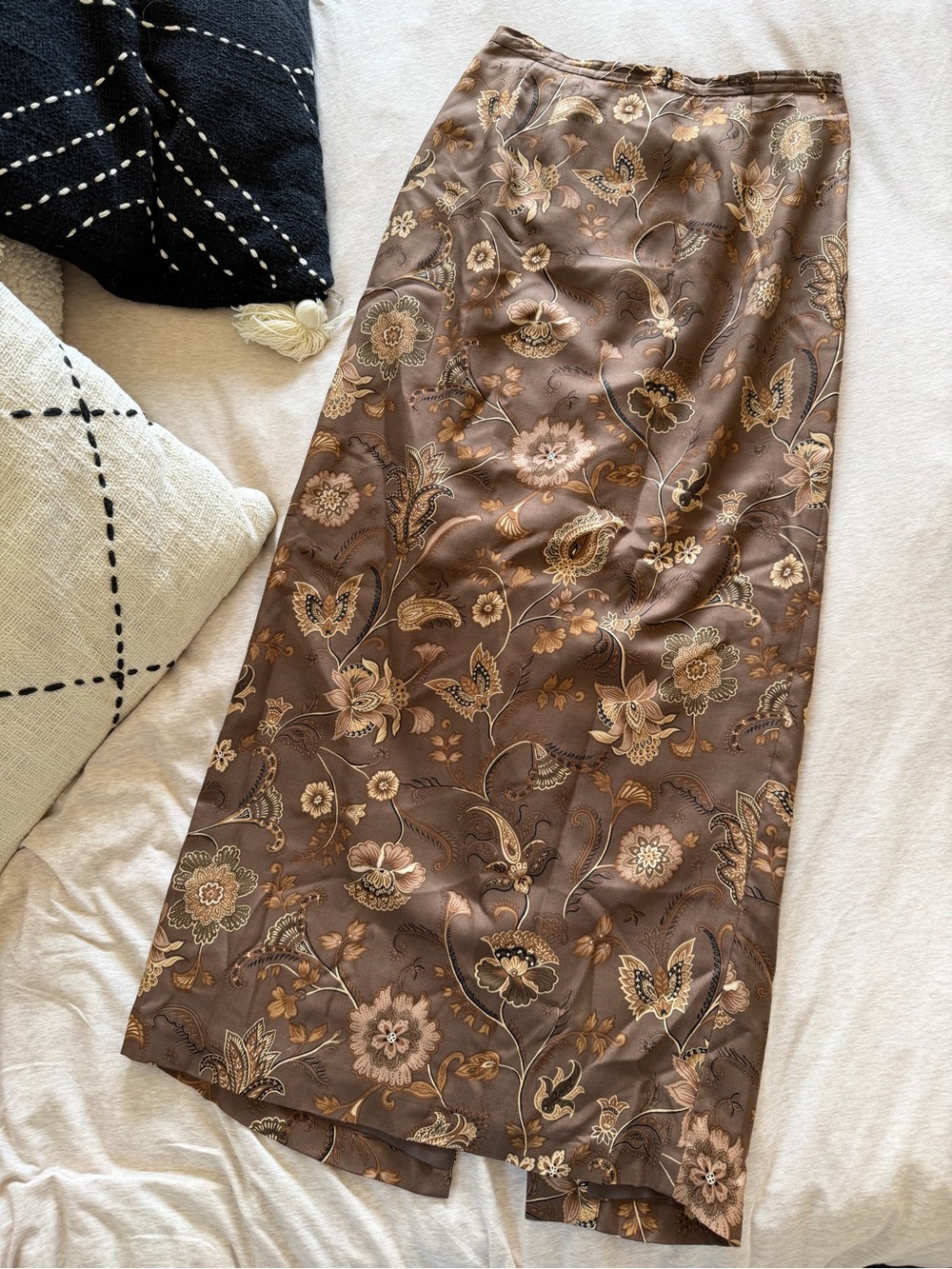 1990s Talbots Vintage Brown Floral Silk Midi Skirt